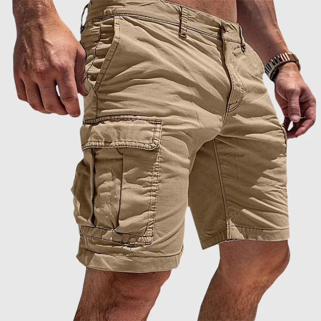 Men's olive cargo shorts rugged multi-pocket design breathable polyester blend durable outdoor wear