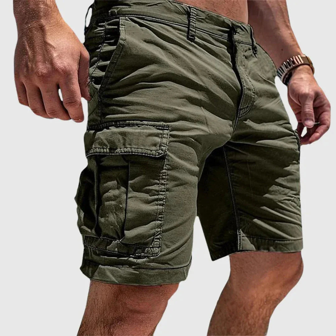 Men's olive cargo shorts relaxed fit with reinforced stitching and multiple utility pockets for outdoor wear