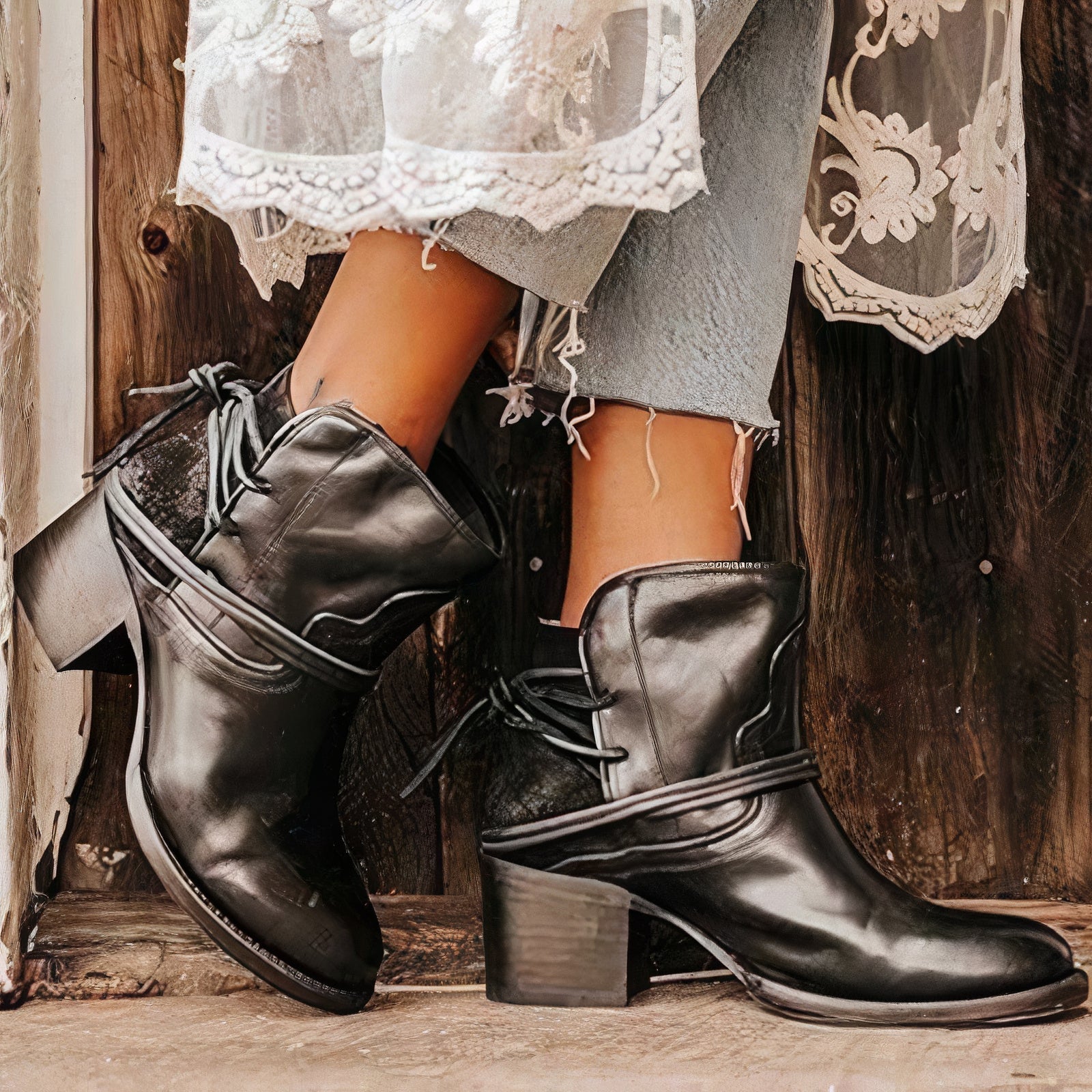 Women's brown leather Western ankle boots with block heel and wrapped lacing detail