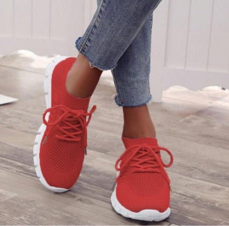Women's casual lace-up knit sneakers in vibrant colors with breathable mesh upper and white sole