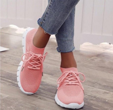 Women's casual knit sneakers in fresh pop colors with breathable mesh upper and clean white sole