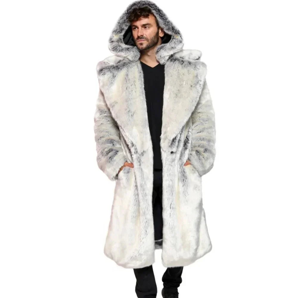 Men's luxury chinchilla fur hooded long coat in gray Tissavel French fur with commanding winter silhouette