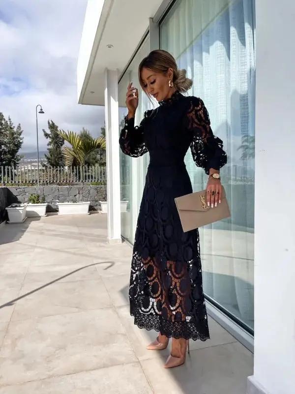 White lace midi dress with high neckline and puff sleeves, elegant airy summer style for women