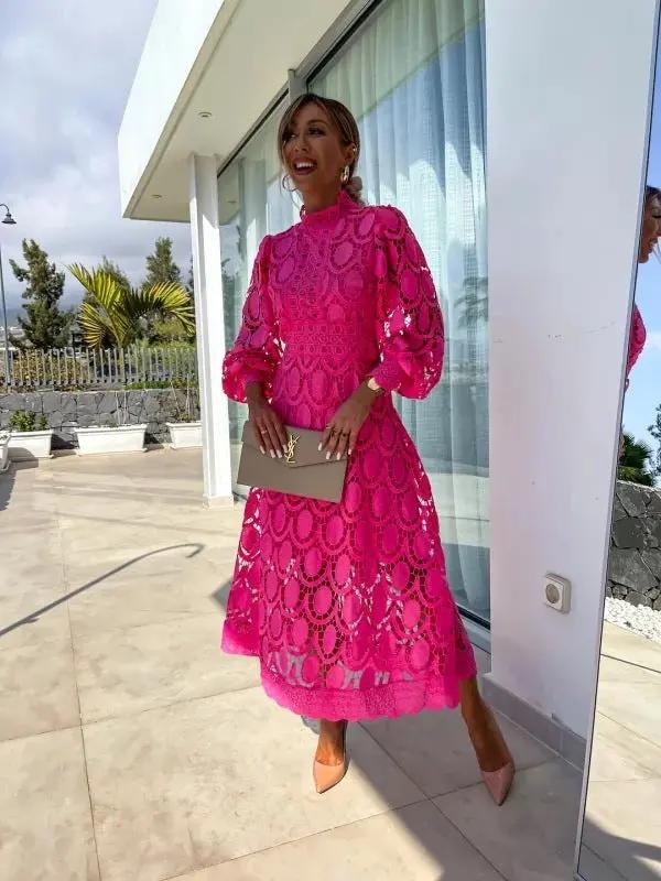 White lace knee-length dress with puff sleeves and high neckline, elegant summer style