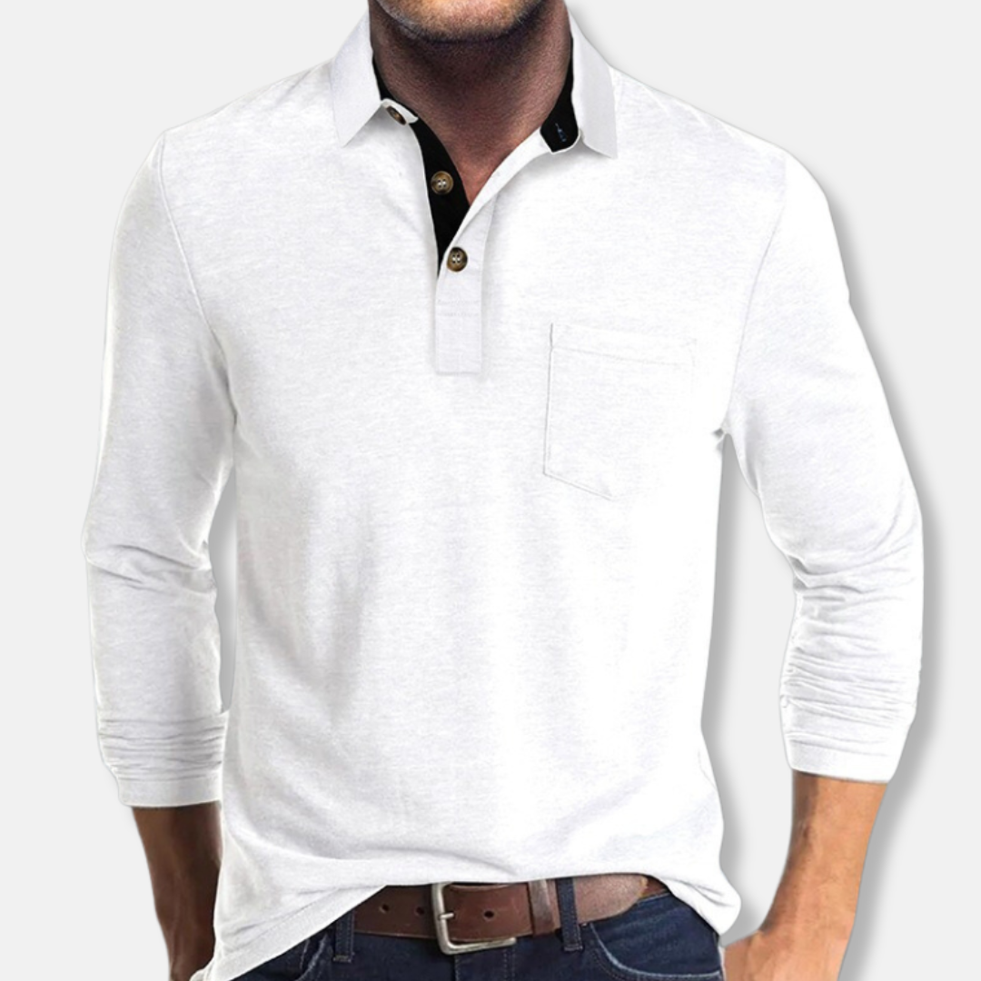 Men's long sleeve cotton blend polo shirt regular fit with contrast collar smart casual style
