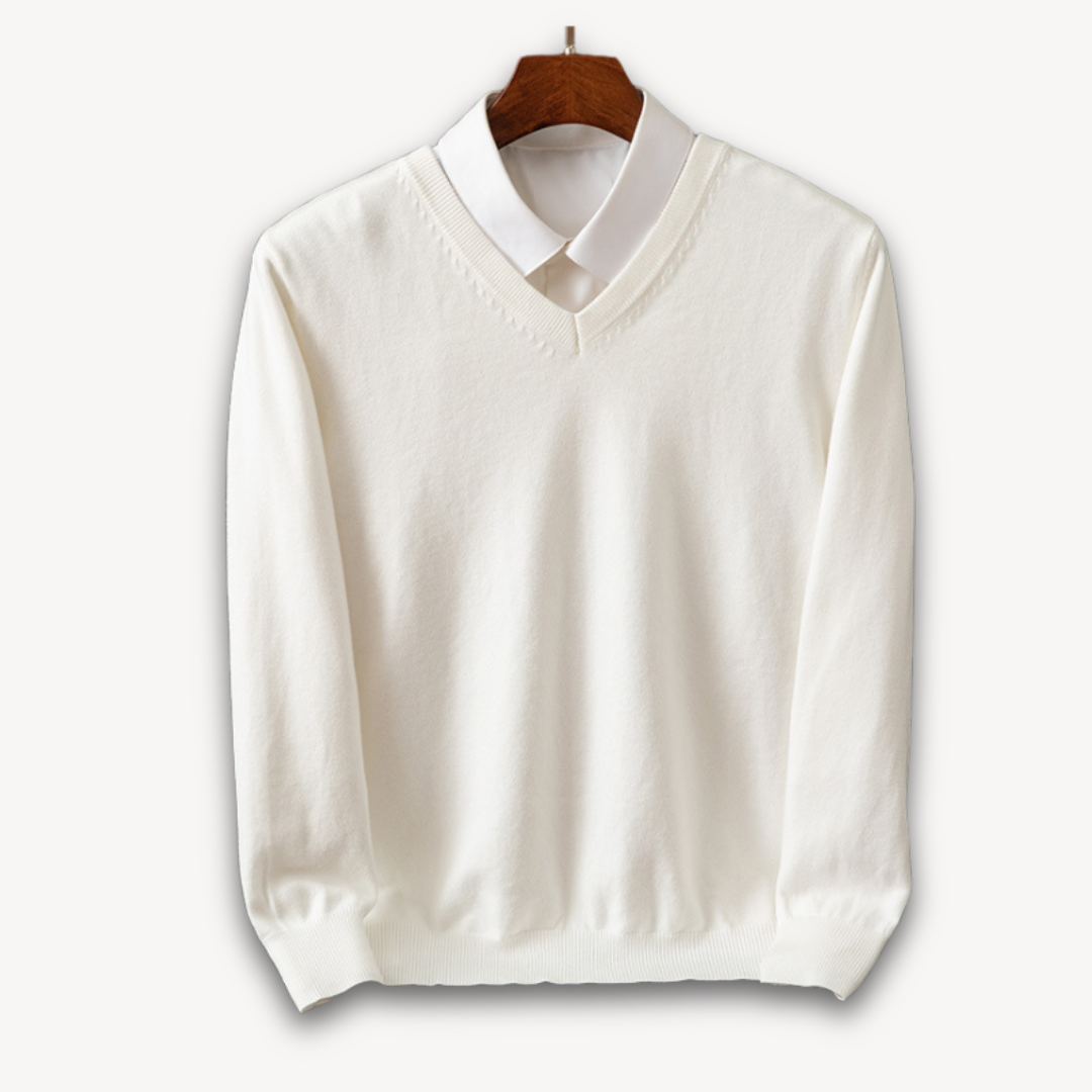 Men's gray slim fit V-neck sweater in soft knit fabric with ribbed cuffs and hem edges