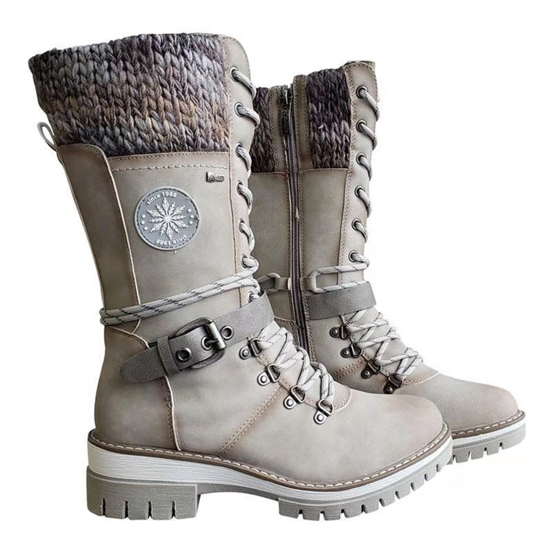 Women's tall lace-up winter boots in brown with cozy knit cuff and side zipper closure