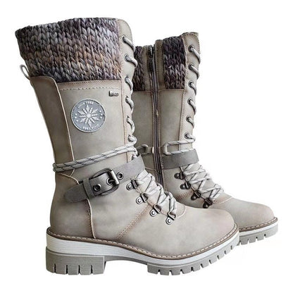 Women's tall lace-up winter boots in brown with cozy knit cuff and side zipper closure