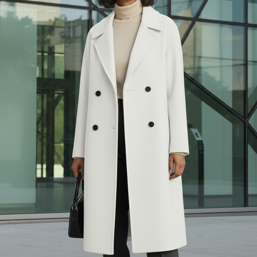Women's beige double-breasted knee-length trench coat with large lapels, elegant sophisticated fit