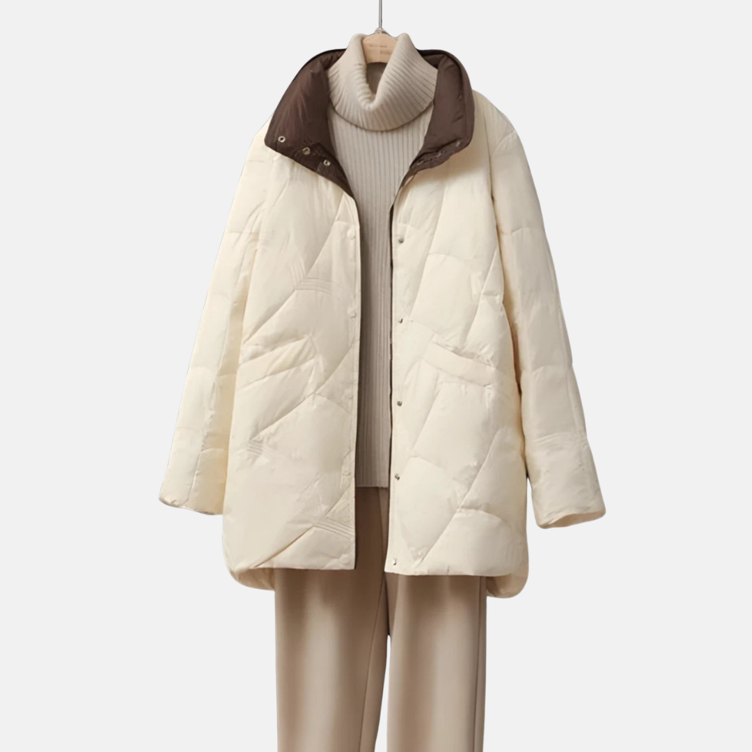 Women's mid-length quilted jacket with stand collar, chic silhouette for sophisticated all-day layering