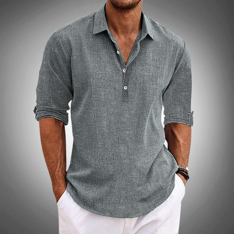Men's lightweight linen shirt relaxed fit long sleeve natural texture breathable button closure