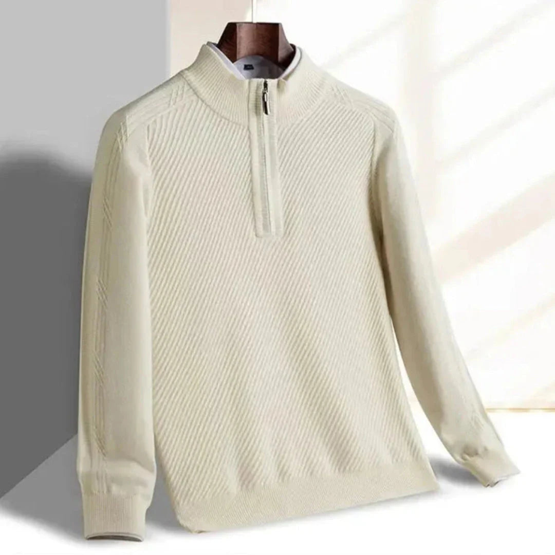 Wilson half-zip knit sweater with ribbed texture, stand-up collar, versatile pullover for layering