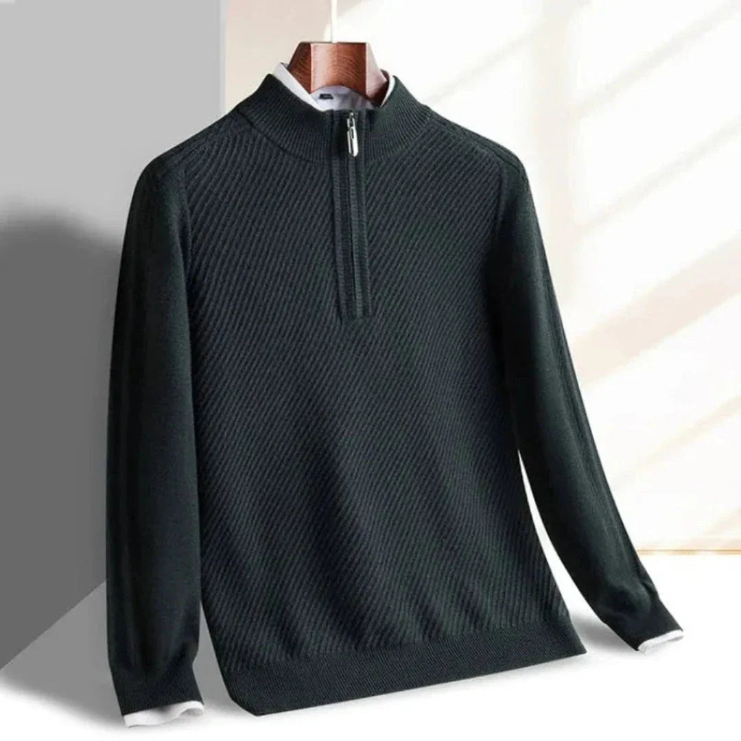 Wilson Half-Zip Knit Sweater with ribbed texture, stand-up collar, and sleek modern pullover design