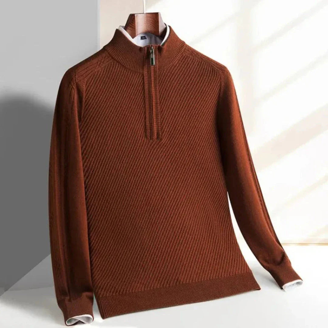 Navy blue half-zip knit sweater with ribbed texture and stand-up collar for modern layering