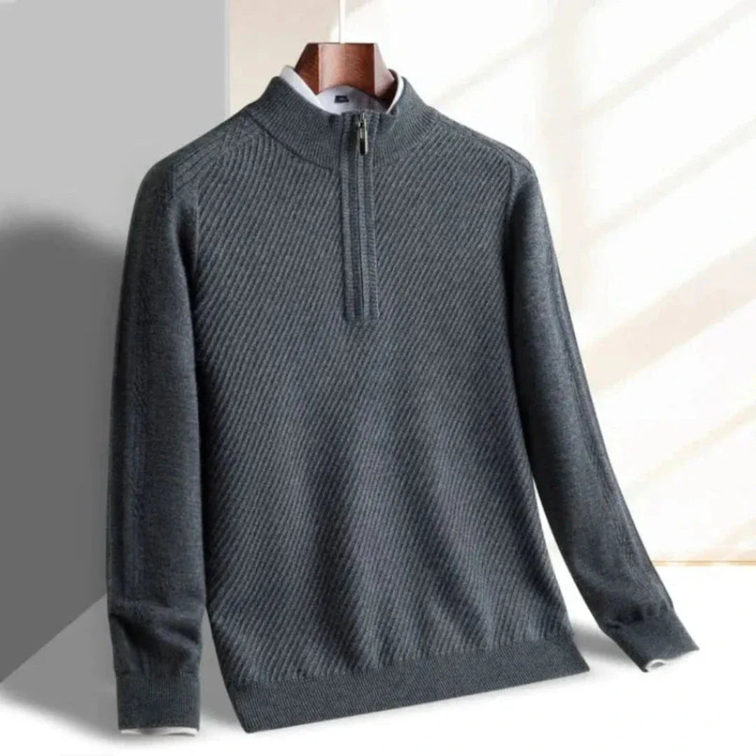 Wilson half-zip knit sweater with ribbed texture, stand-up collar, modern slim fit pullover
