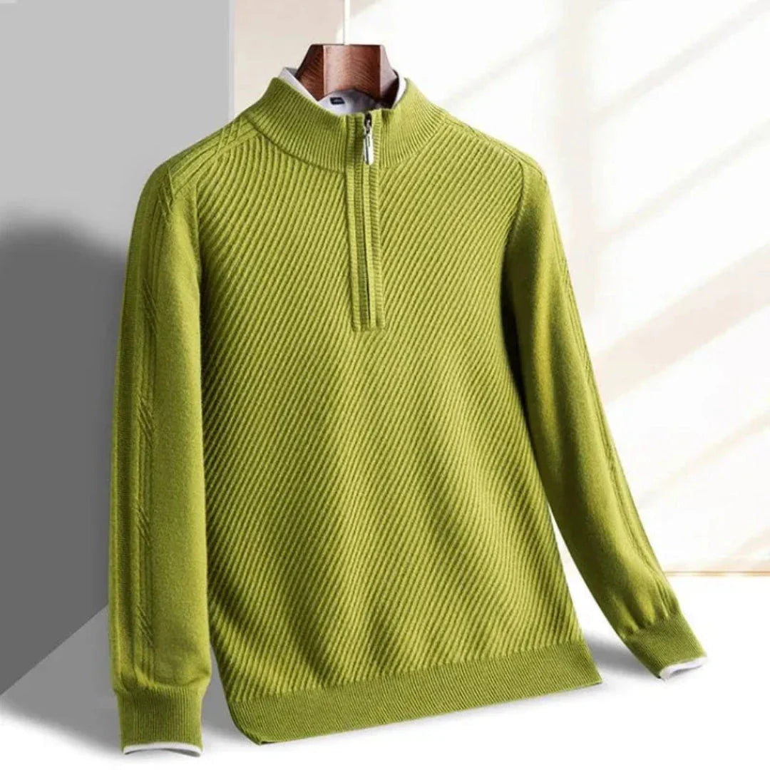 Navy blue half-zip knit sweater with ribbed texture and stand-up collar for modern layering
