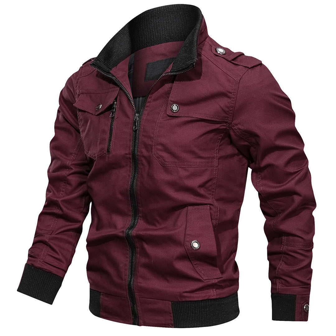 Men's multi-pocket bomber jacket durable outerwear with ribbed cuffs structured casual style