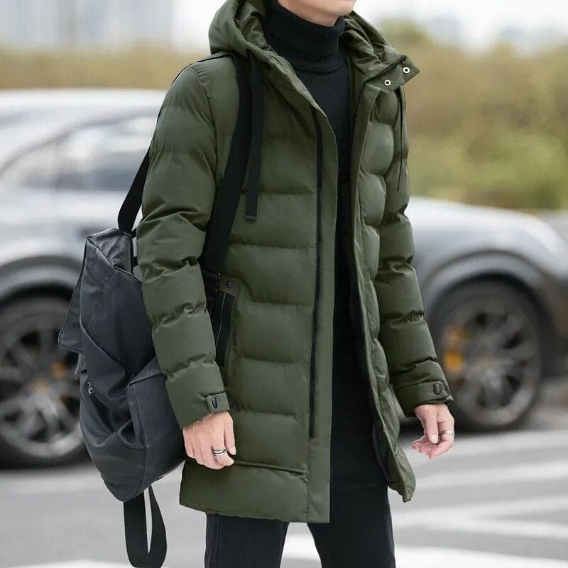 Black longline winter parka with heavy insulation, urban-ready Titan design for extreme cold