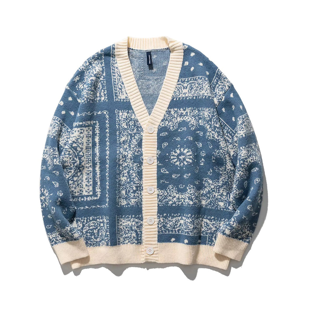 Loose-fit cream knit cardigan with Japanese cashew flower open-stitch pattern, single-breasted V-neck