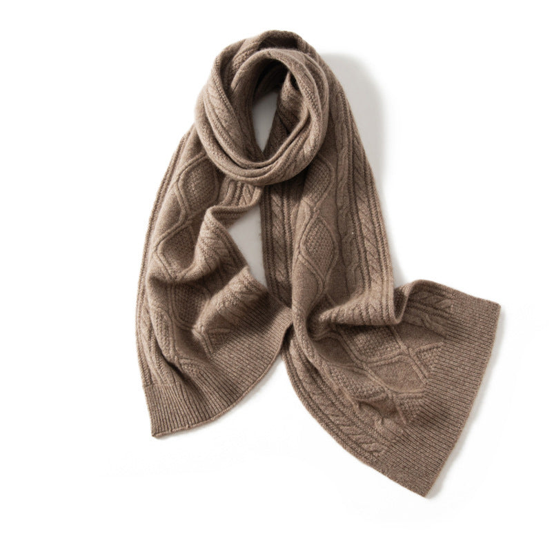 Ivory cable-knit cashmere scarf with sculptural textured pattern and generous drape