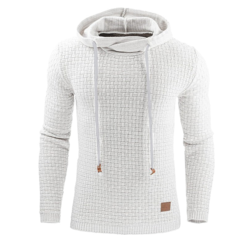 Men's beige waffle knit hoodie with drawstrings, structured cozy fit and textured fabric