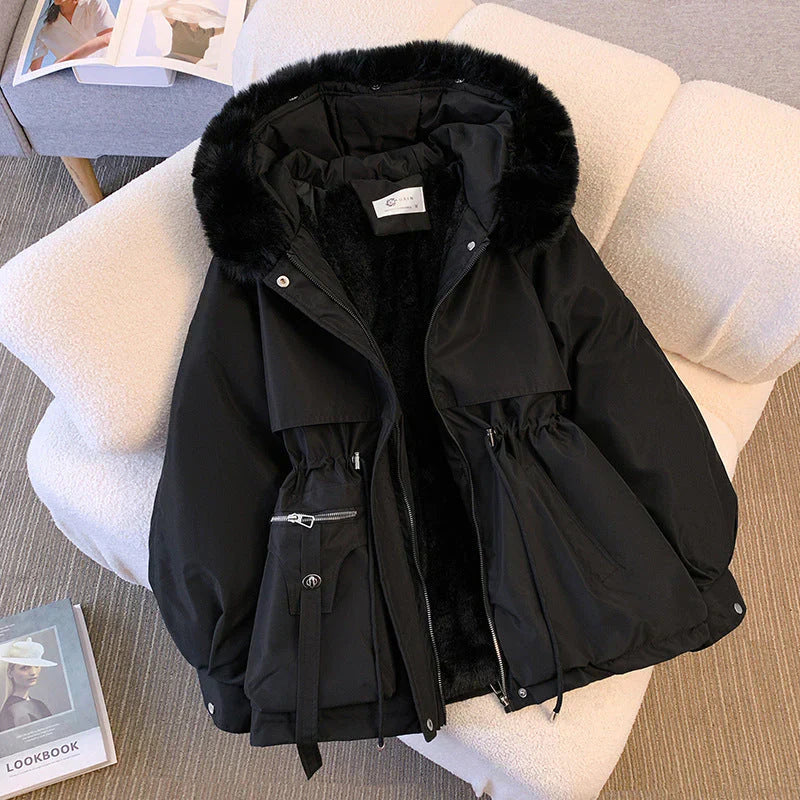 Women's water-repellent parka jacket with fur trim hood and adjustable waist for cozy winter warmth