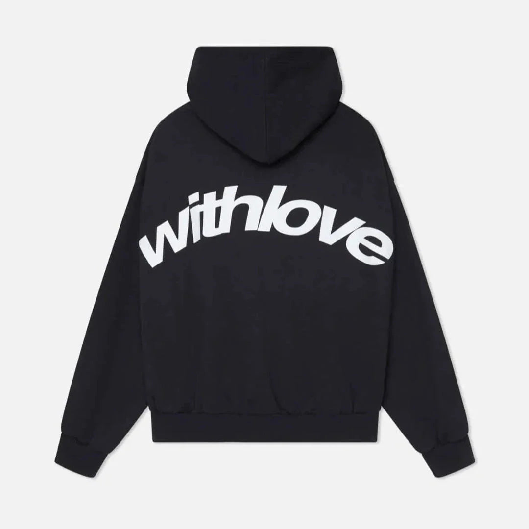Oversized casual hoodie with bold "withlove" statement print, ribbed cuffs, and kangaroo pocket