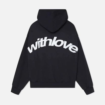 Oversized casual hoodie with bold "withlove" statement print, ribbed cuffs, and kangaroo pocket