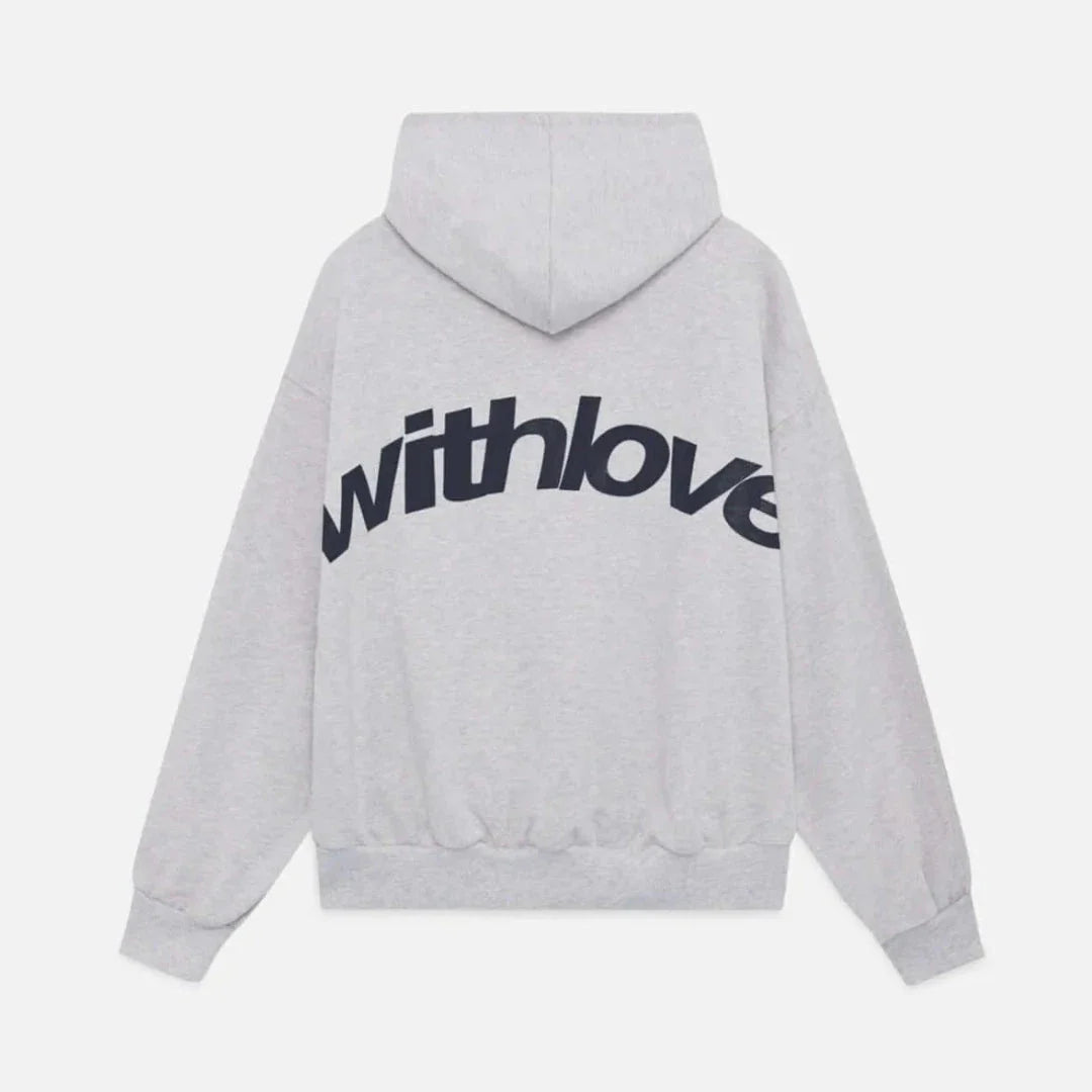 Oversized casual hoodie with bold "withlove" statement print, ribbed cuffs, and kangaroo pocket