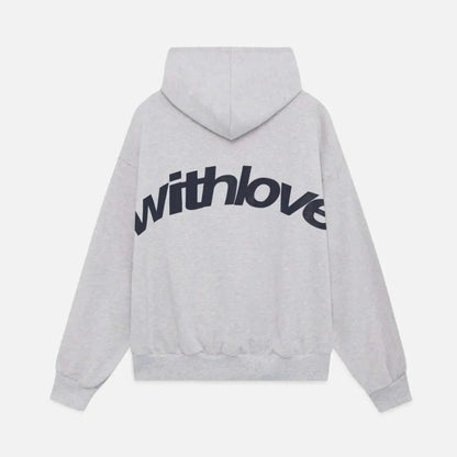Oversized casual hoodie with bold "withlove" statement print, ribbed cuffs, and kangaroo pocket