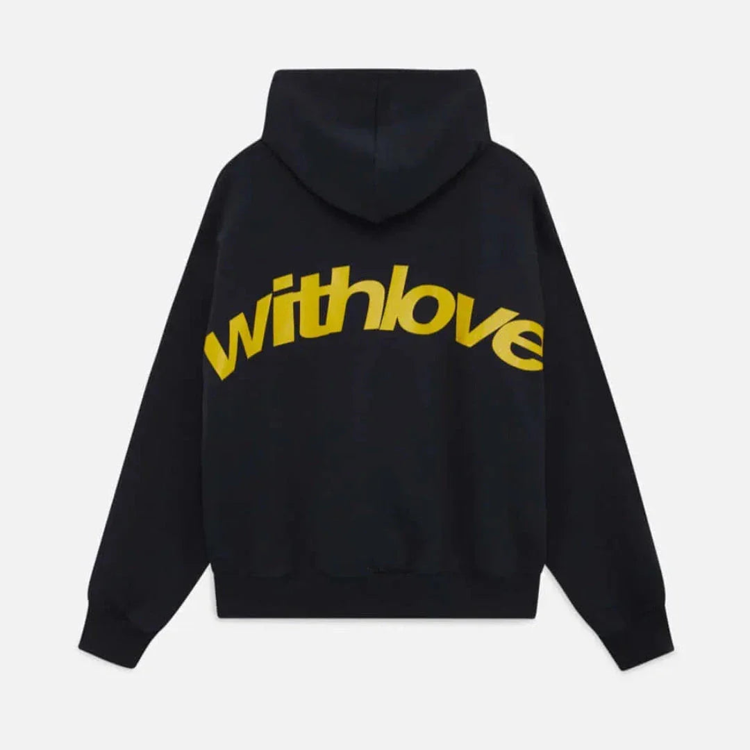 Oversized casual hoodie with bold "withlove" statement print, ribbed cuffs, and kangaroo pocket