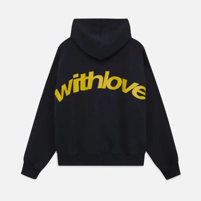 Oversized casual hoodie with bold "withlove" statement print, ribbed cuffs, and kangaroo pocket