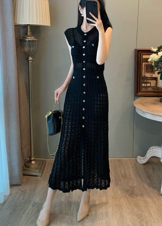 Robe longue noire ajourée en tricot à simple boutonnage et boutons sans manches pour femme - Wavlynn