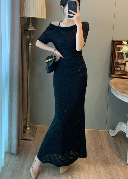 Robe longue noire à col bateau et coupe ajustée pour femme, idéale pour l'été - Wavlynn