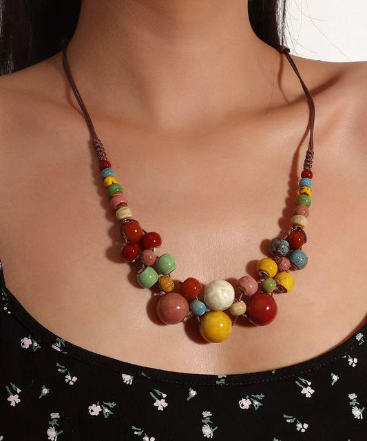 Collier de perles graduées en céramique tressée marron pour femme - Wavlynn