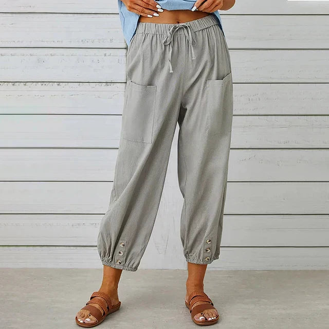 Lena™ high waist relaxed pants in neutral drape fabric with adjustable fit and polished silhouette