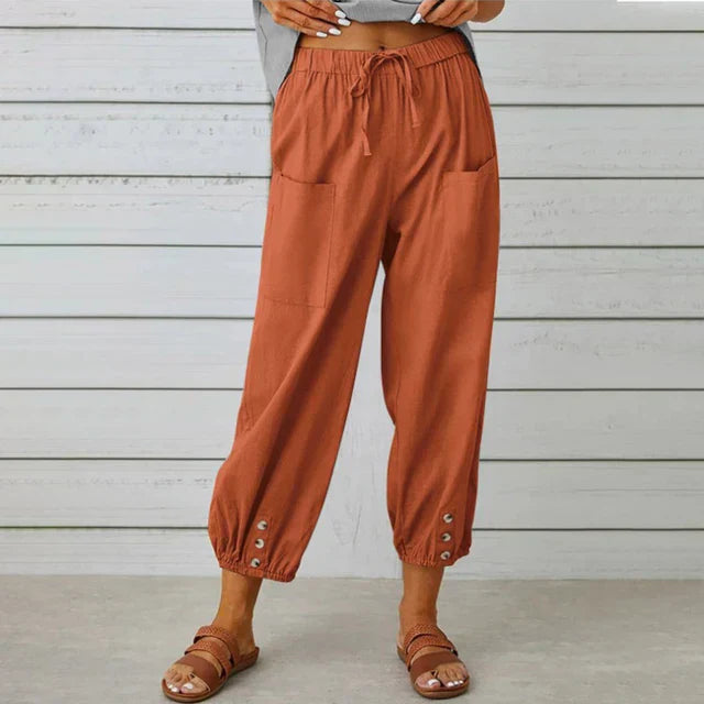Lena™ high waist relaxed pants in neutral drape fabric with adjustable fit for effortless everyday elegance