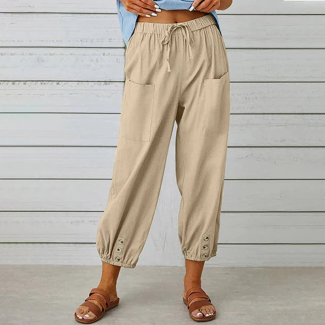 Lena™ high waist relaxed pants in neutral drape fabric with adjustable waist for effortless everyday elegance