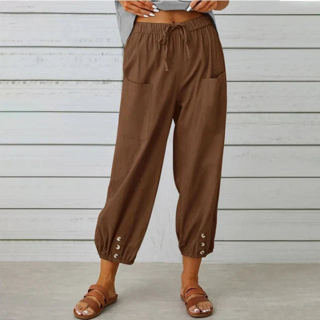 Lena™ high waist relaxed pants in neutral tone with adjustable waist and breathable draped fabric