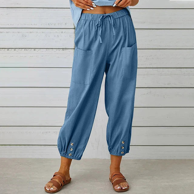 Lena™ high waist relaxed pants in neutral tone with adjustable waist and breathable draped fit
