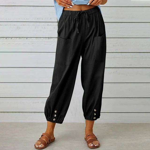 Lena™ high waist relaxed pants in neutral tone with adjustable fit and breathable draped silhouette