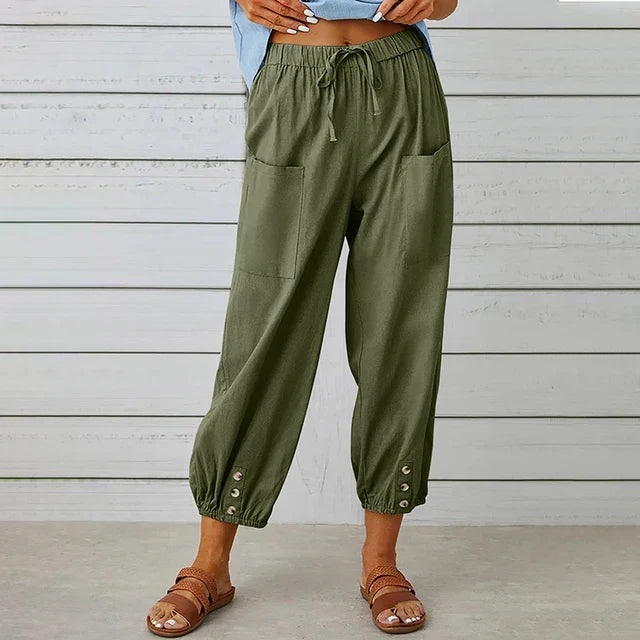 Lena™ high waist relaxed pants in neutral drape fabric with adjustable waist for effortless everyday style