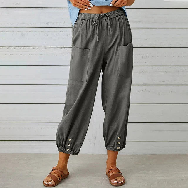 Lena™ high waist relaxed pants in neutral tone with adjustable fit and breathable drape