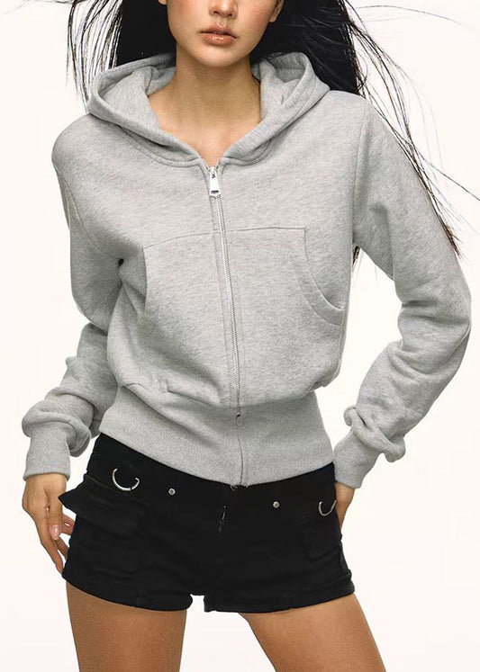 Sweat à capuche gris à poches zippées pour femme, en coton décontracté, idéal pour l'automne - Wavlynn