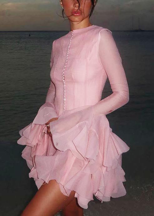 Robe courte rose à simple boutonnage et manches évasées pour femme - Wavlynn
