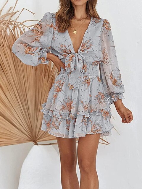 Women's mini fit-and-flare dress, V-neck tie, long voluminous sleeves, ruffle details