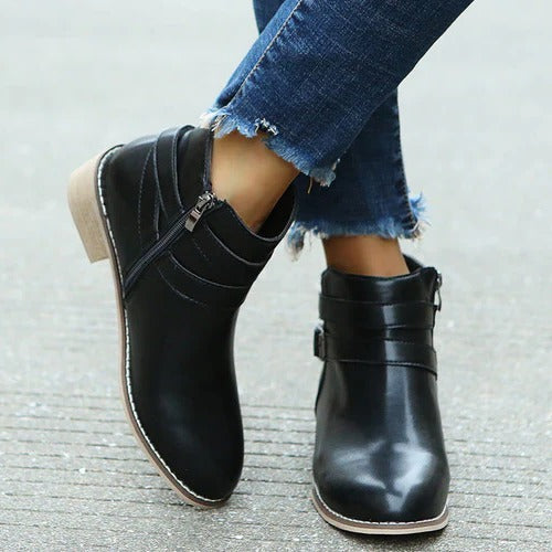 Women's black mid-calf boots with side-zip closure, sleek silhouette for everyday refined style