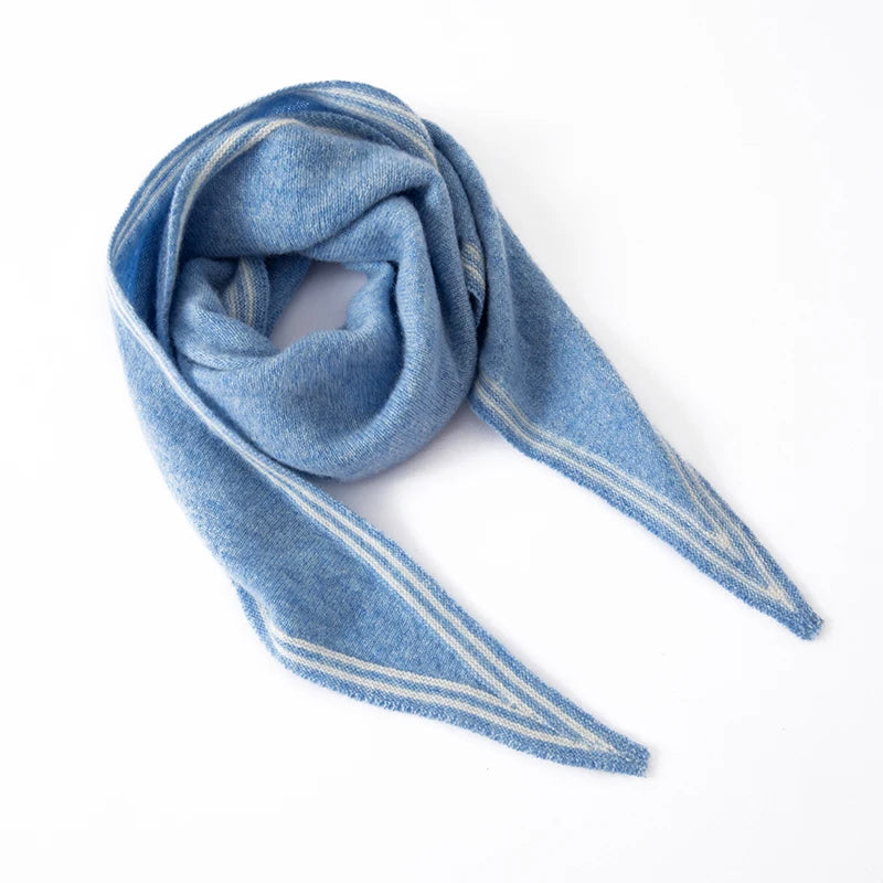 Women's slim cashmere knit scarf in beige with contrast stripe trim, elegant winter wrap