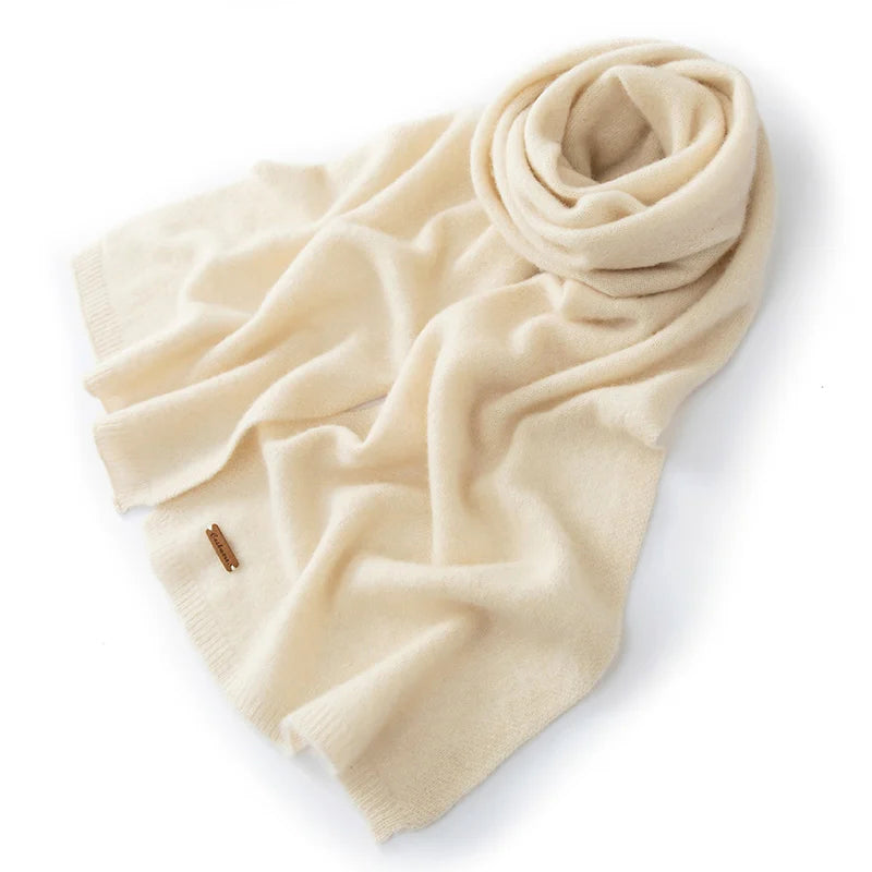 Women's pure cashmere winter scarf in neutral tones, dense smooth knit, generous length for versatile styling