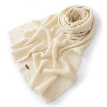Women's pure cashmere winter scarf in neutral tones, dense smooth knit, generous length for versatile styling